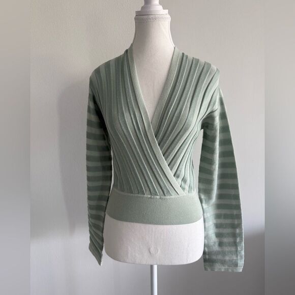 Club Mónaco woman’s Cross Front Mint  striped Wrap Sweater - Picture 1 of 4
